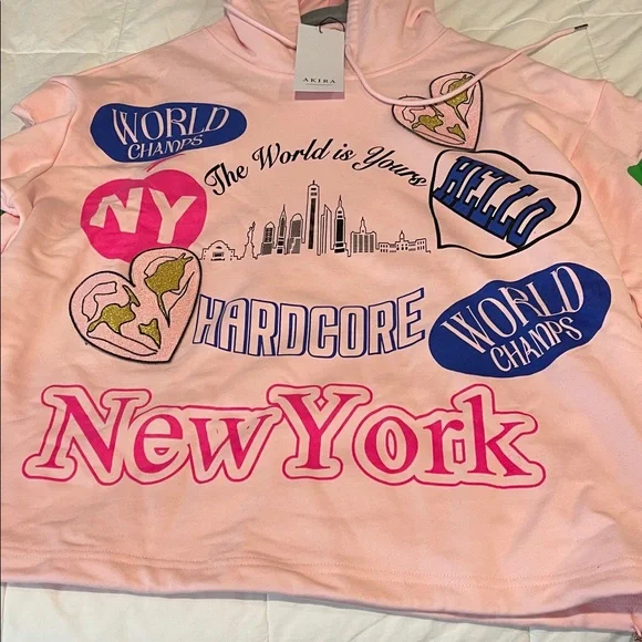 AKIRA Light Pink Hoodie with NYC logos patches, all over so cute - Picture 8 of 10